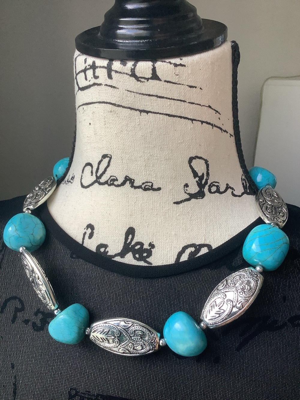 Turquoise Bead and Silver-Plated Statement Necklace - Blue heavy weighted